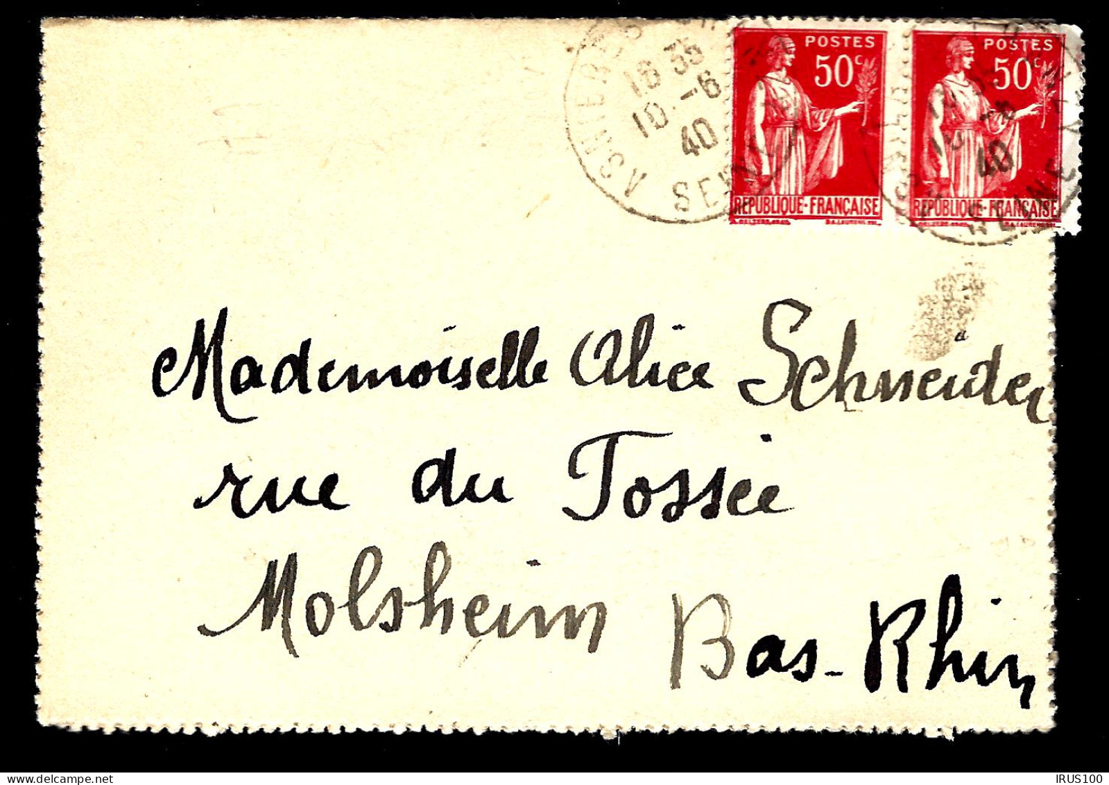 LETTRE EN PROVENANCE D'ASNIÈRE - 1940 - AFFRANCHISSEMENT 50c ROUGE EN PAIRE - 1932-39 Paix