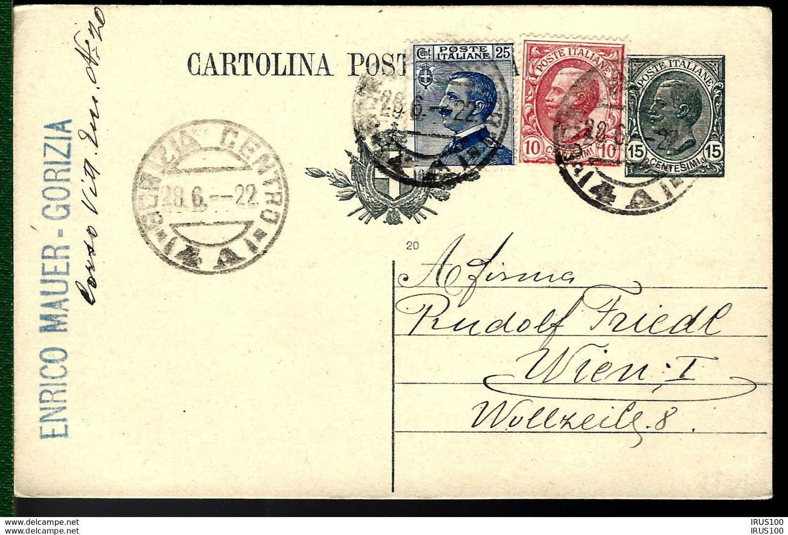 ENTIER POSTAL / GANZSACHE / POSTAL STATIONERY - DE GORIZIA POUR L'AUTRICHE -1922 - - Entiers Postaux