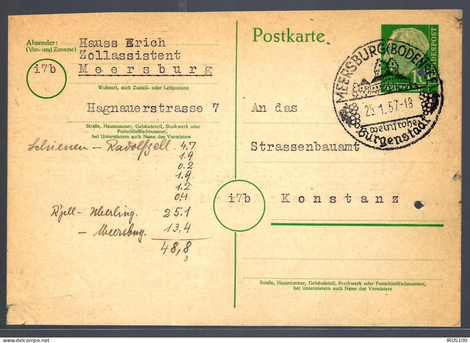 LETTRE DE MEERSBURG - 1957 -  - Postkarten - Gebraucht