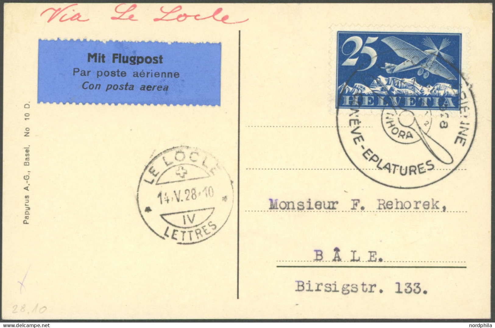 LUFTPOST RF 28.10b BRIEF, 14.5.1928, Erstflug GENF-LE LOCLE, Prachtkarte - Premiers Vols