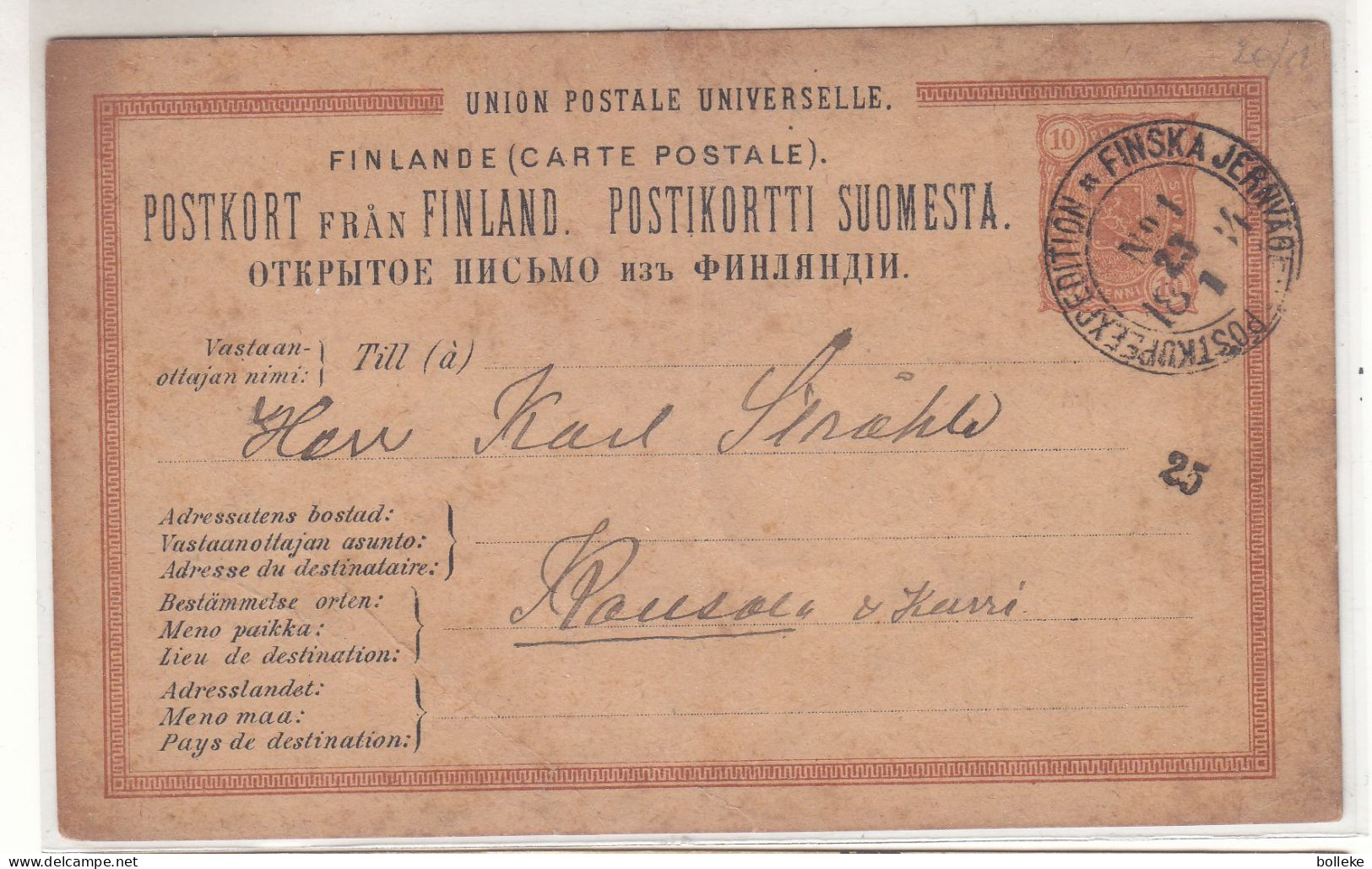 Finlande - Carte Postale De 1884 - Entier Postal - Oblit Finska Jernvage.... - Oblitération Train  ? - - Lettres & Documents