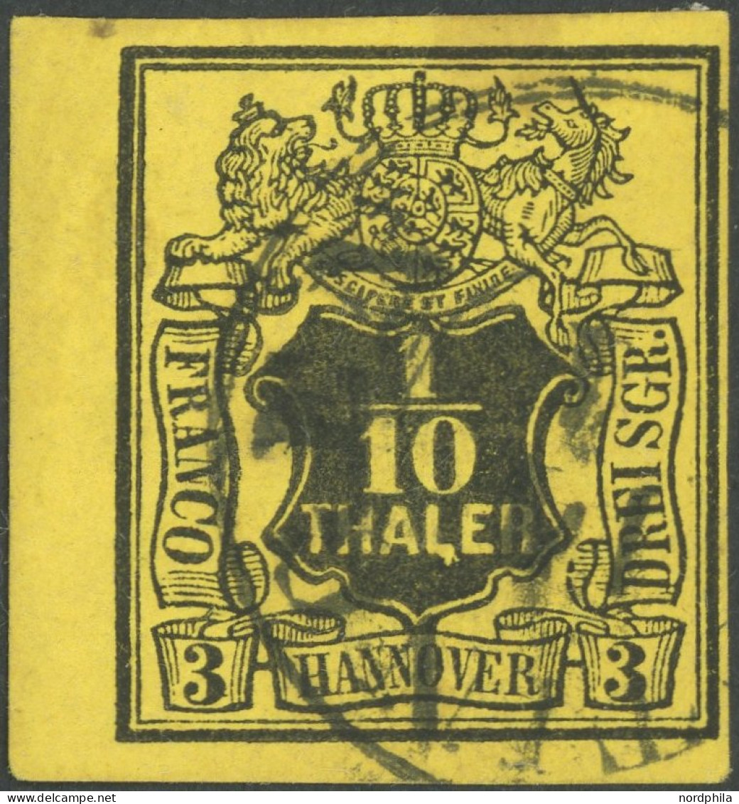 HANNOVER 5 O, 1851, 1/10 Th. Schwarz Auf Gelb, Linkes Randstück, Schwarzer K1 GÖTTIGNEN, Pracht, Mi. 130.- - Hanovre