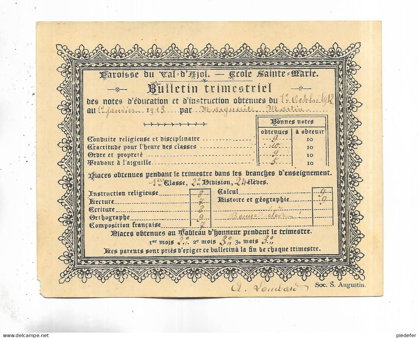 88 - Bulletin Scolaire, Trimestriel 1913, Paroisse Du VAL-d' AJOL, école Sainte-Marie - Diploma's En Schoolrapporten