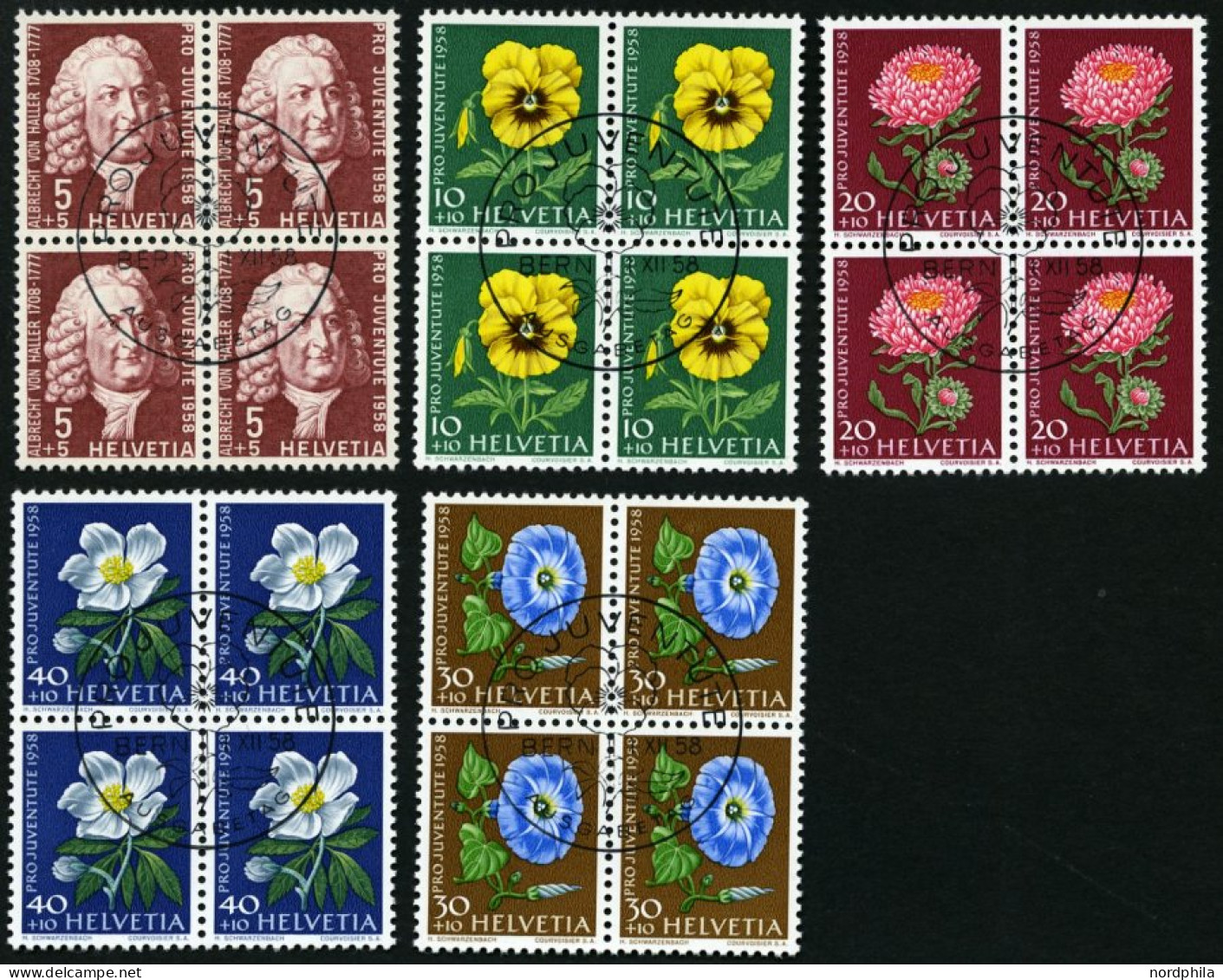 SCHWEIZ BUNDESPOST 663-67  VB O, 1958, Pro Juventute In Viererblocks Mit Zentrischen Ersttagsstempeln, Prachtsatz - Used Stamps