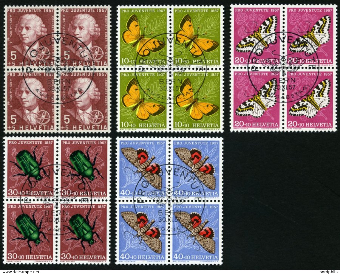 SCHWEIZ BUNDESPOST 648-52  VB O, 1957, Pro Juventute In Viererblocks Mit Zentrischen Ersttagsstempeln, Prachtsatz - Gebruikt