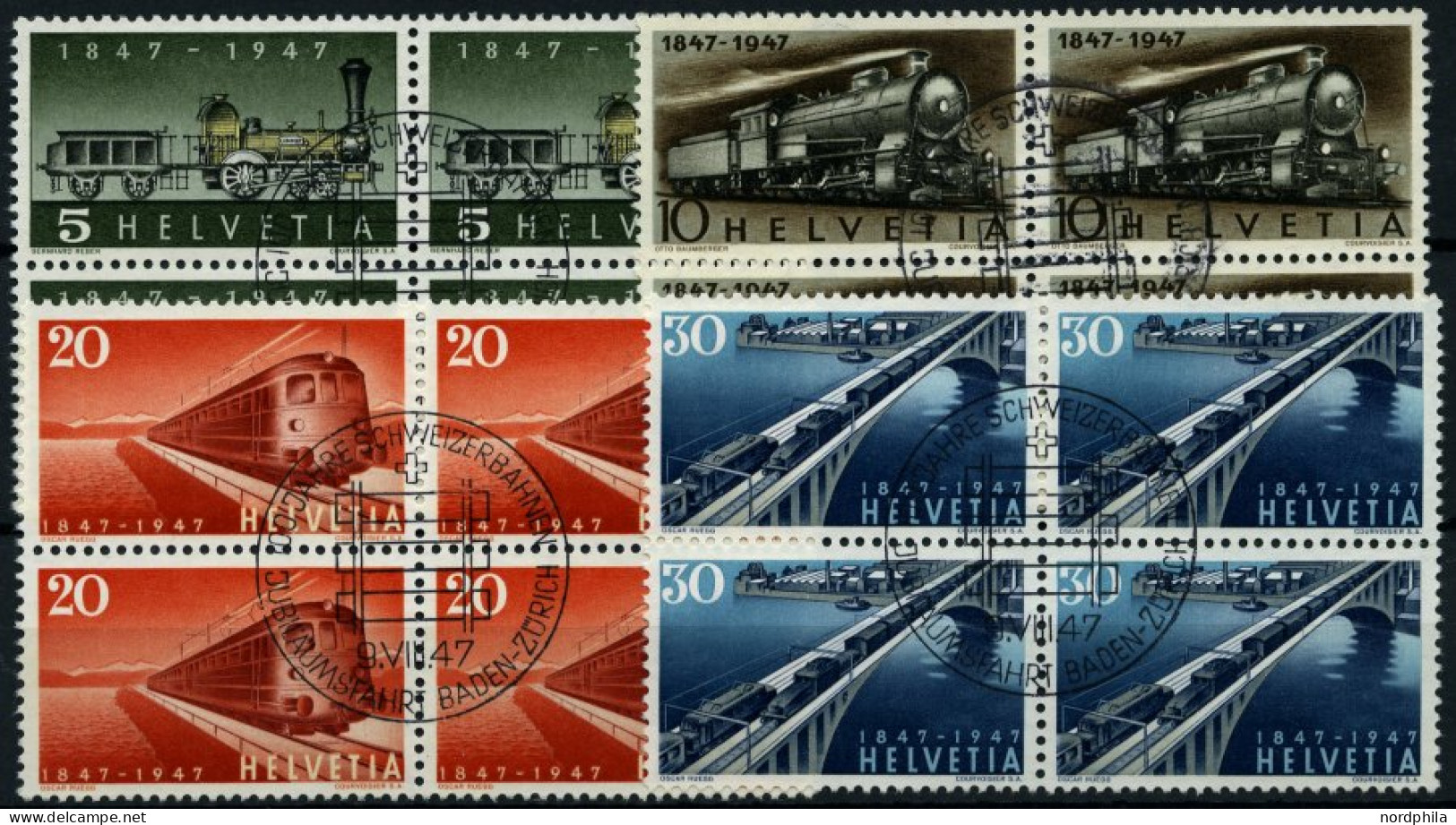 SCHWEIZ BUNDESPOST 484-87  VB O, 1947, 100 Jahre Eisenbahn In Viererblocks Mit Zentrischen Ersttagsstempeln, Prachtsatz - Gebraucht
