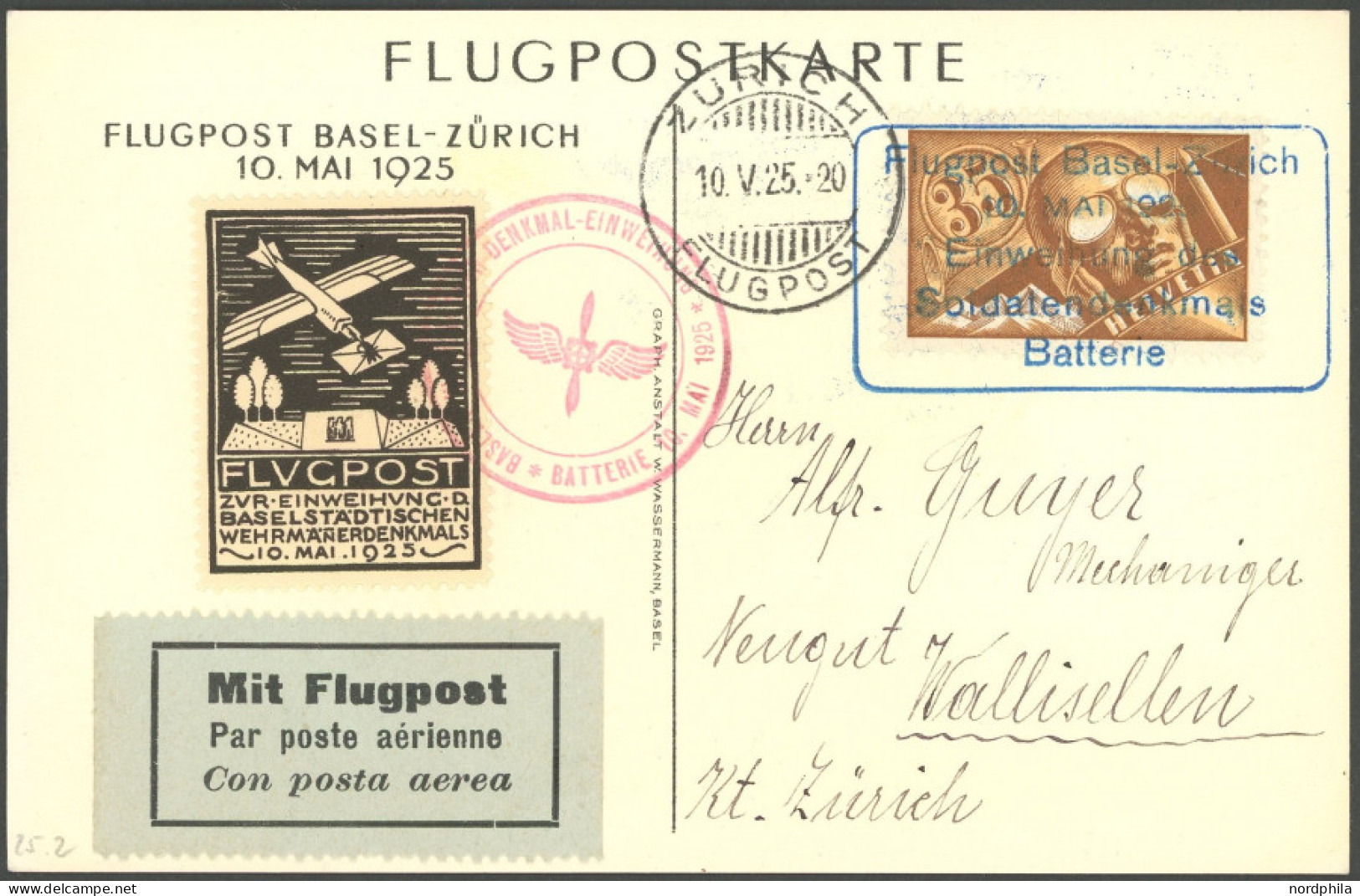 LUFTPOST SF 25.2 BRIEF, 10.5.1925, Flugpost BASEL-ZÜRICH, Sonderkarte Mit Vignette Und Mi.Nr. 181, Prachtkarte - Eerste Vluchten