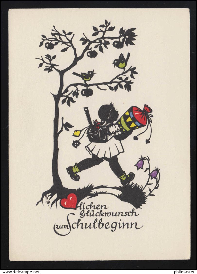 Scherenschnitt Mädchen Baum Bunte Schultüte Glückwunsch Schulbeginn, Ungebraucht - Scherenschnitt - Silhouette