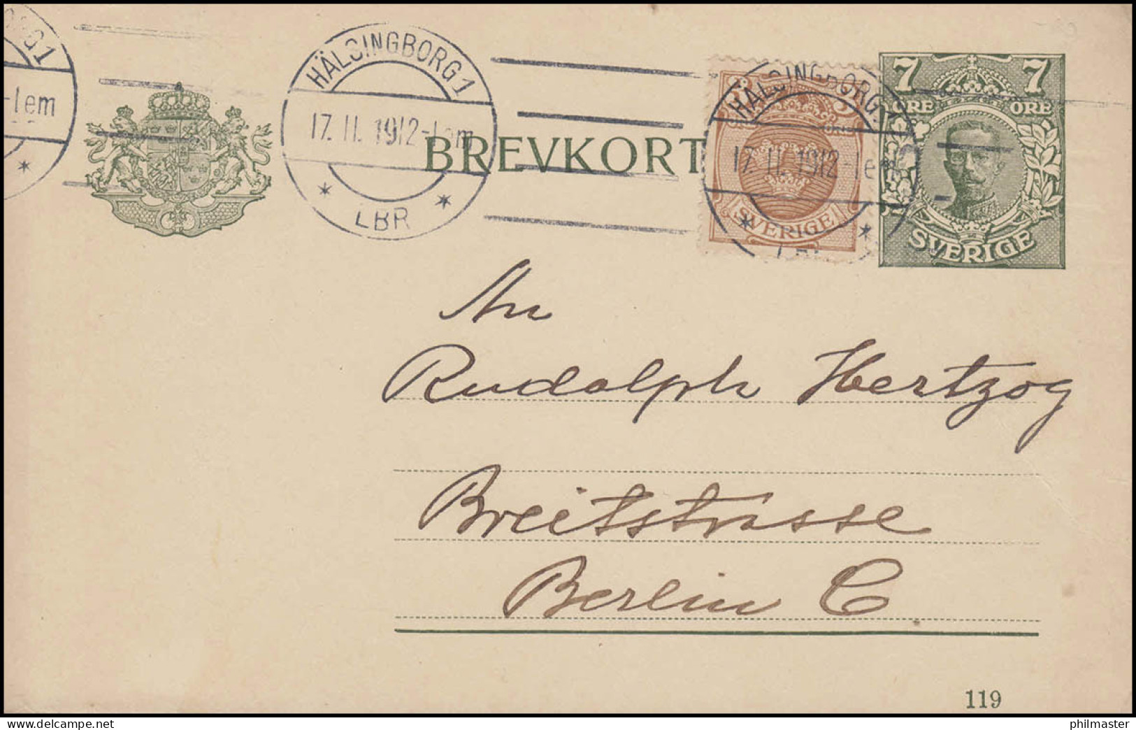 Postkarte P 33 BREVKORT 7 Öre Druckdatum 119 Mit Zusatzfr., HALSINGBORG 17.11.12 - Ganzsachen