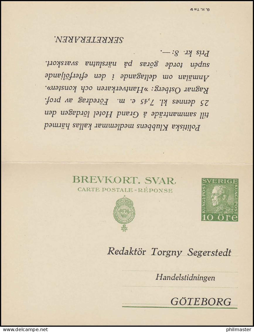 Postkarte P 43 Brevkort König Gustav 10/10 Öre, GÖTEBORG 21.9.1926 - Entiers Postaux