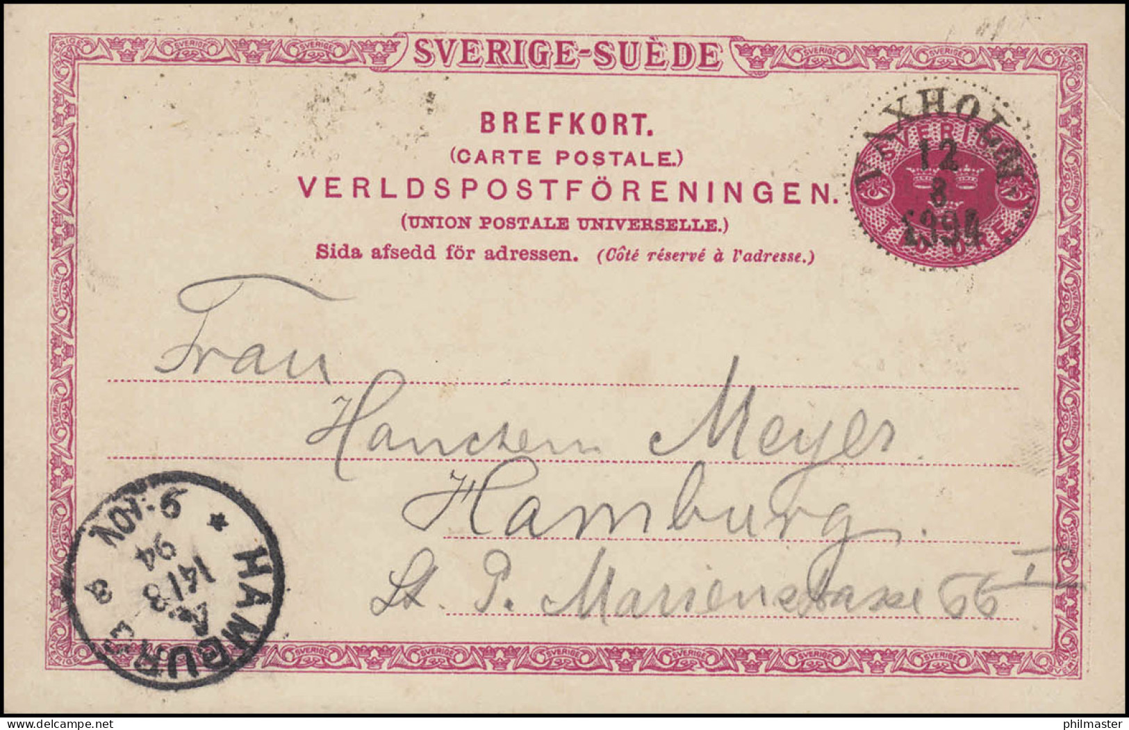 Postkarte P 20 SVERIGE-SUEDE 10 Öre, VAXHOLM 12.8.1894 Nach HAMBURG 4a 14.8.94 - Ganzsachen