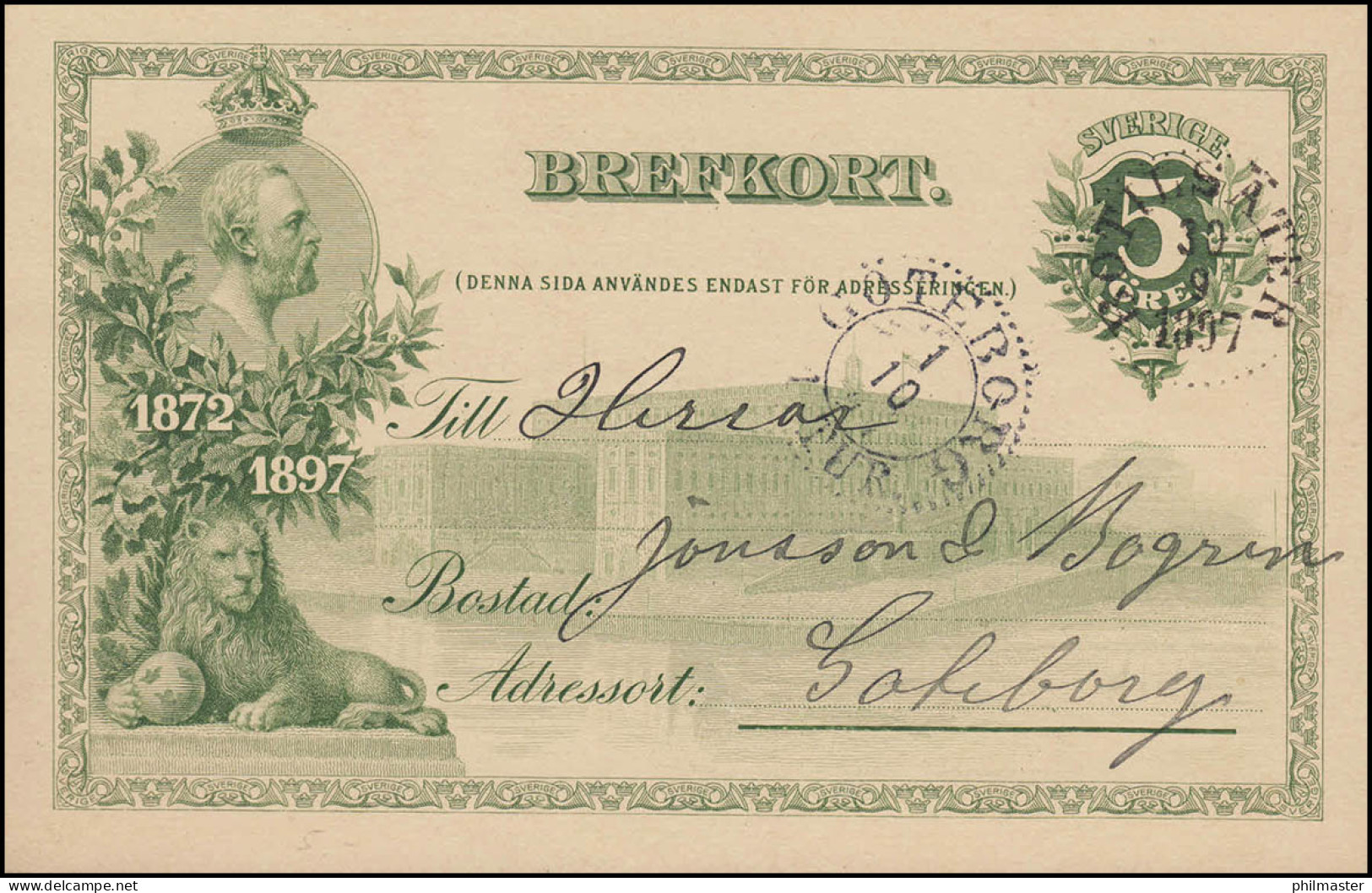 Postkarte P 28B Regierungsjubiläum, BOTISÄTER 30.9.1897 Nach GÖTEBORG 1.10.97 - Ganzsachen