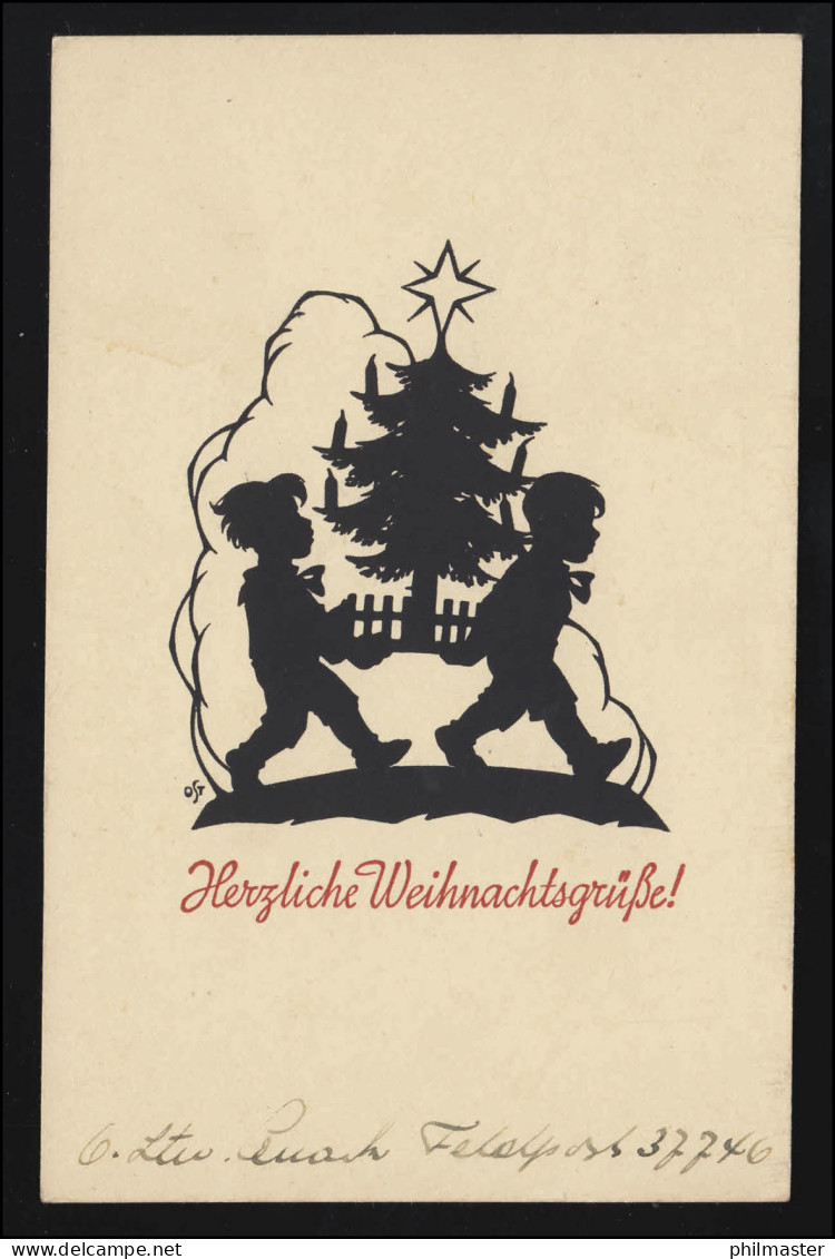 Scherenschnitt Weihnachten 2 Jungen Tragen Weihnachtsbaum, Feldpost 21.12.1939 - Scherenschnitt - Silhouette