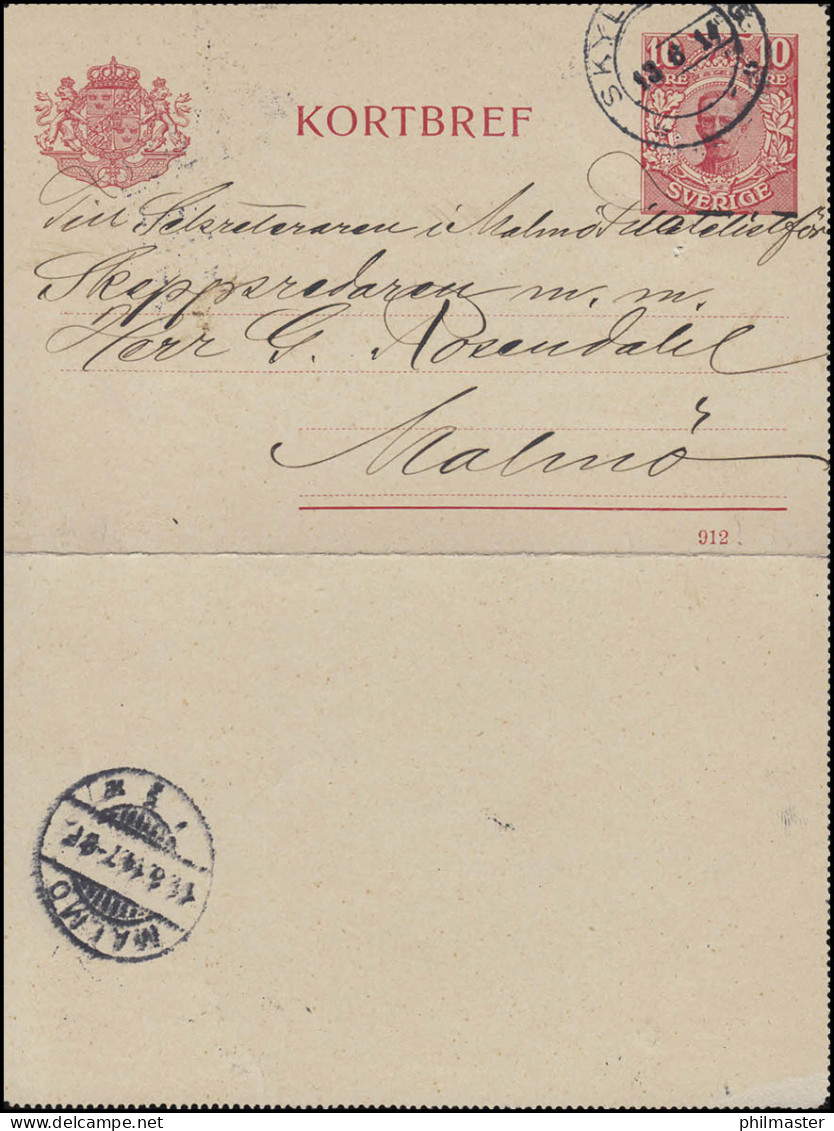 Kartenbrief K 13 KORTBREV 10 Öre Mit DV 912, SKYLLBERG 13.6.14 N. MALMÖ 14.6.14 - Enteros Postales