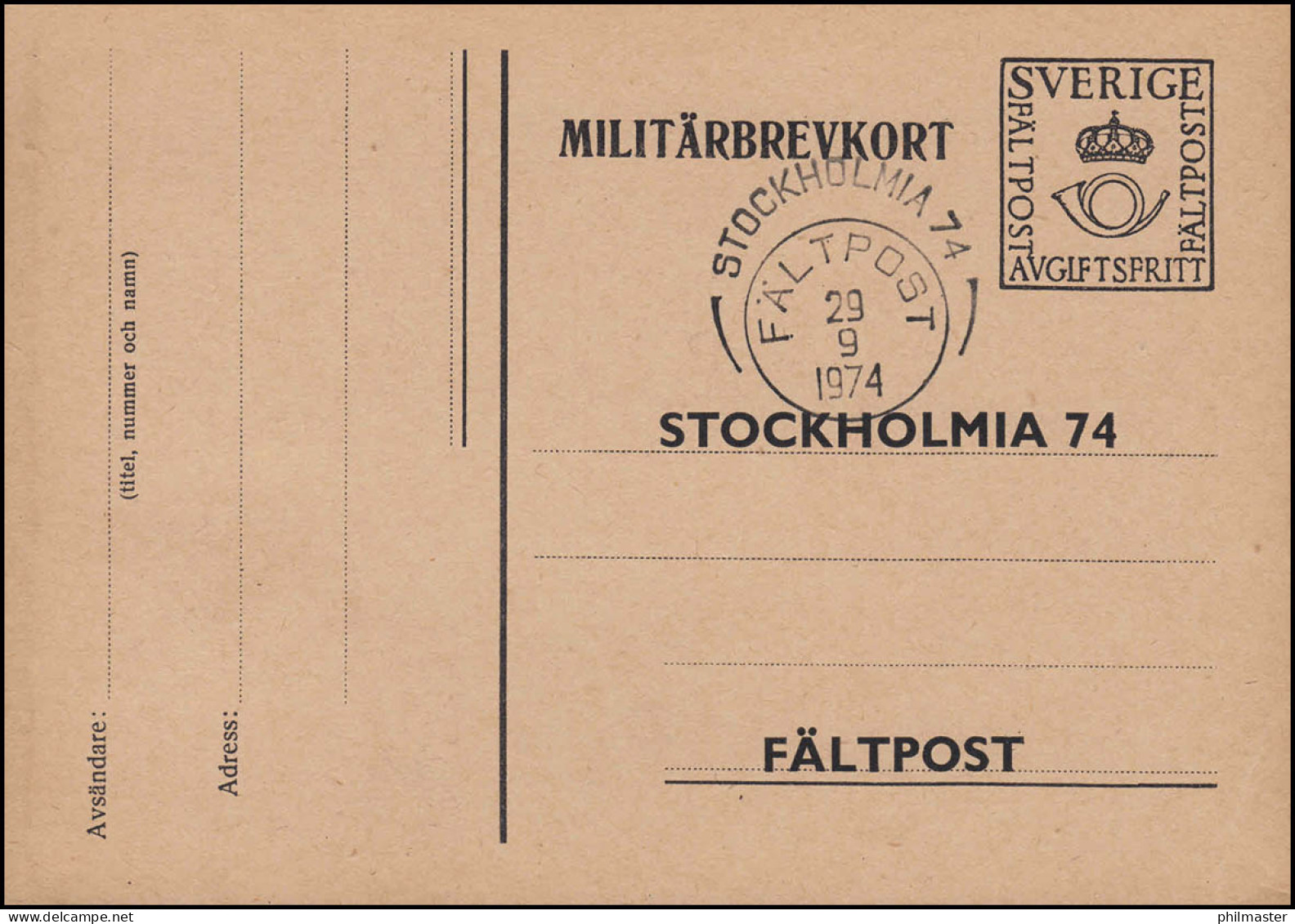 Militärpost MILITÄRBREVKORT Ausstellung STOKHOLMIA'74, SSt FÄLTPOST 29.9.1974 - Entiers Postaux