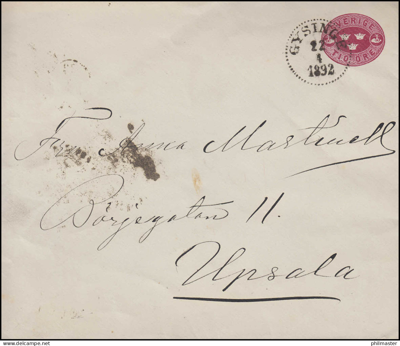 Umschlag 9X Drei Kronen 10 Öre, GYSINGE 22.4.1892 Nach UPSALA 23.4.92 - Postal Stationery