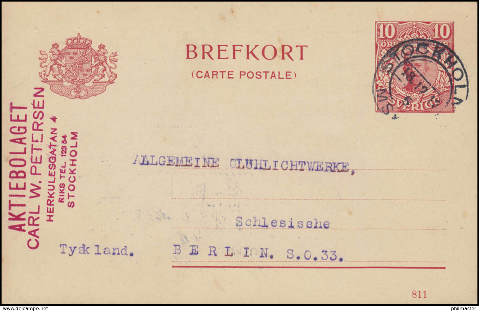 Postkarte P 30 BREFKORT 10 Öre Druckdatum 113, STOCKHOLM 18.12.12 Nach Berlin - Postal Stationery
