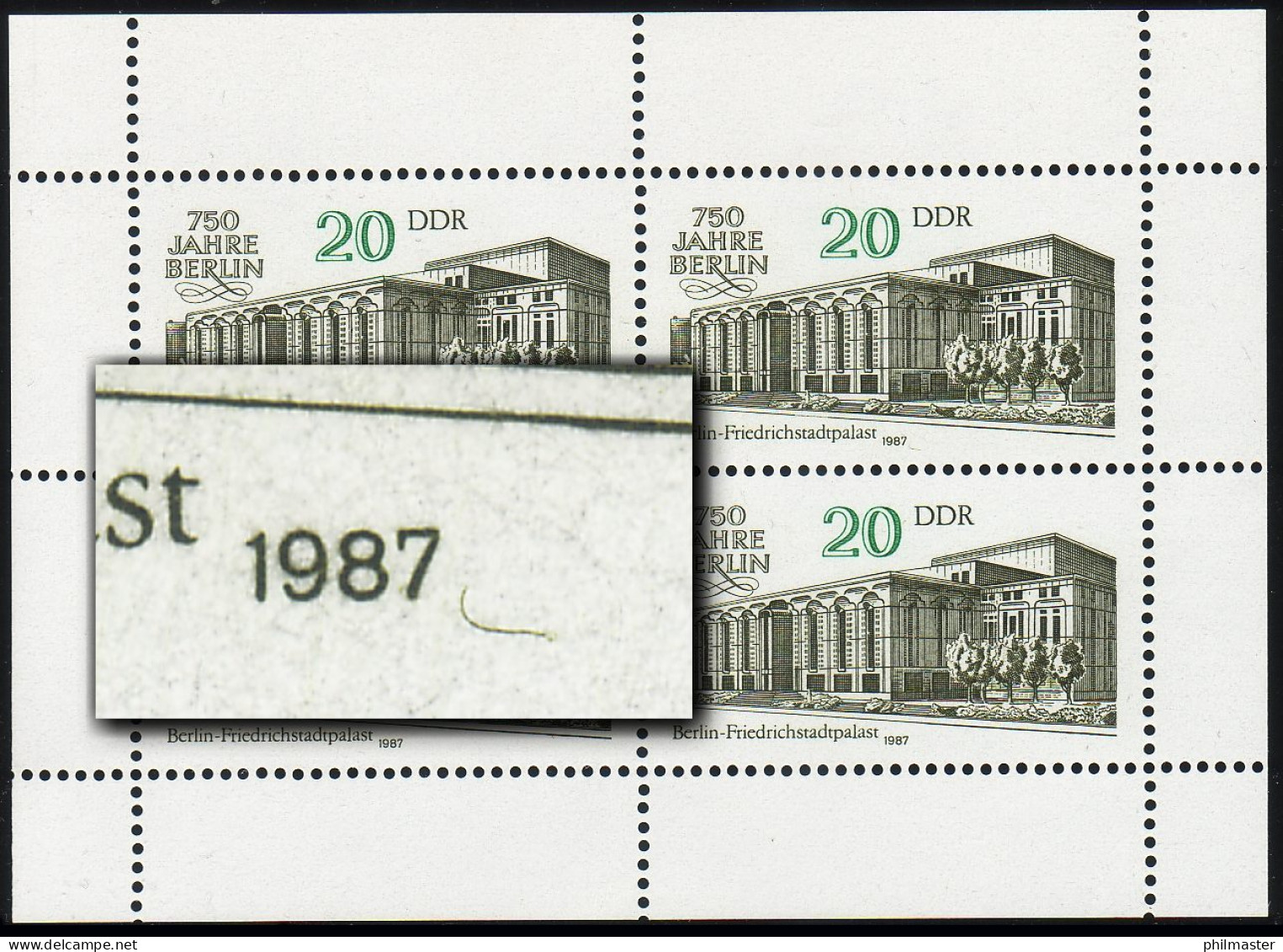 3078 Friedrichstadtpalast-Kleinbogen Berlin 4x 20 Pf 1987, PLF Haken, Feld 2, ** - Neufs