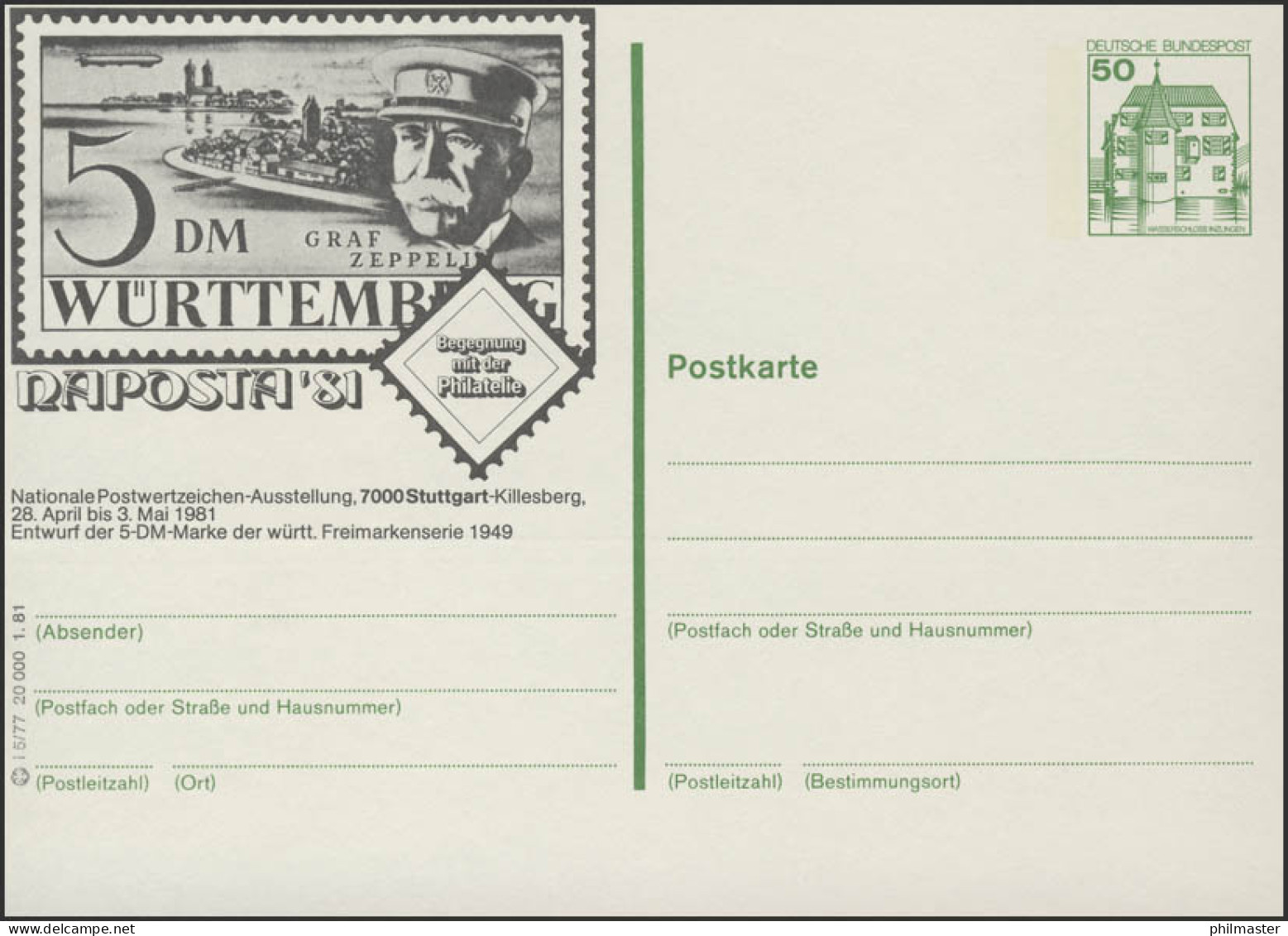 P134-i5/077 7000 Stuttgart-Killesberg, Graf Zeppelin NAPOSTA ** - Cartes Postales Illustrées - Neuves