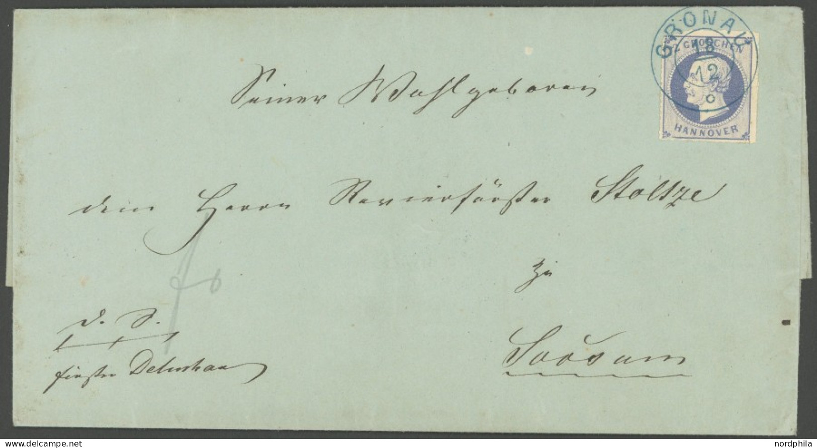 HANNOVER 24y BRIEF, 1864, 2 Gr. Ultramarin Auf Brief Mit Blauem K2 GRONAU, Marke Durchstichmängel - Hannover