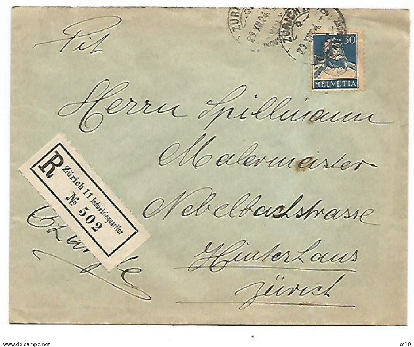 Suisse Zurich Industriequartier 29dec1924 Local Registered Einschreiben CV With G.Tell C.30 Blue Solo Franking - Marcophilie