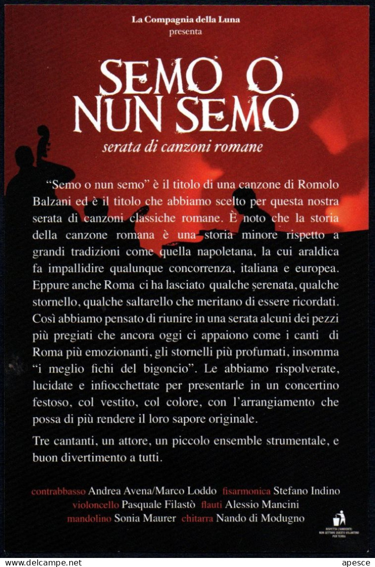 ITALIA ROMA 2011 - PROMOTION CARD SPETTACOLO MUSICALE NICOLA PIOVANI: SEMO O NUN SEMO - I - Musique Et Musiciens