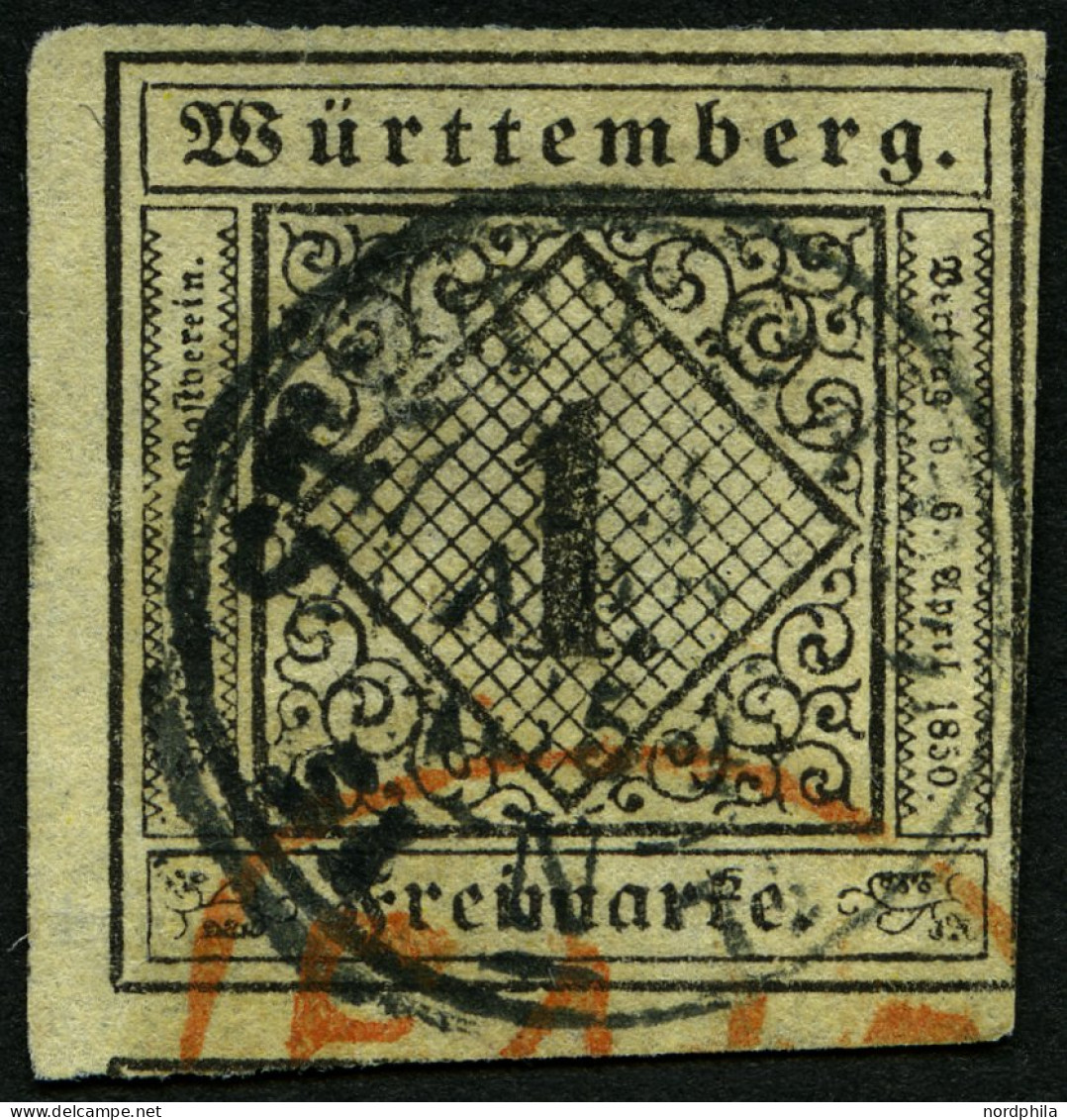 WÜRTTEMBERG 1yb O, 1851, 1 Kr. Schwarz Auf Mittelgraugelbem Seidenpapier, K3 SUTTGART Und Roter PAID-Stempel, Feinst (rü - Andere & Zonder Classificatie