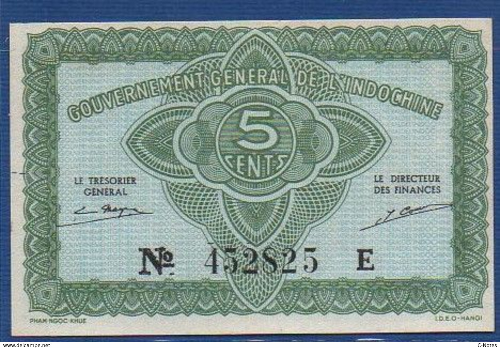FRENCH INDOCHINA - P. 88a –  5 Cents ND (1942) AUNC-, S/n 452825 E - Indochina