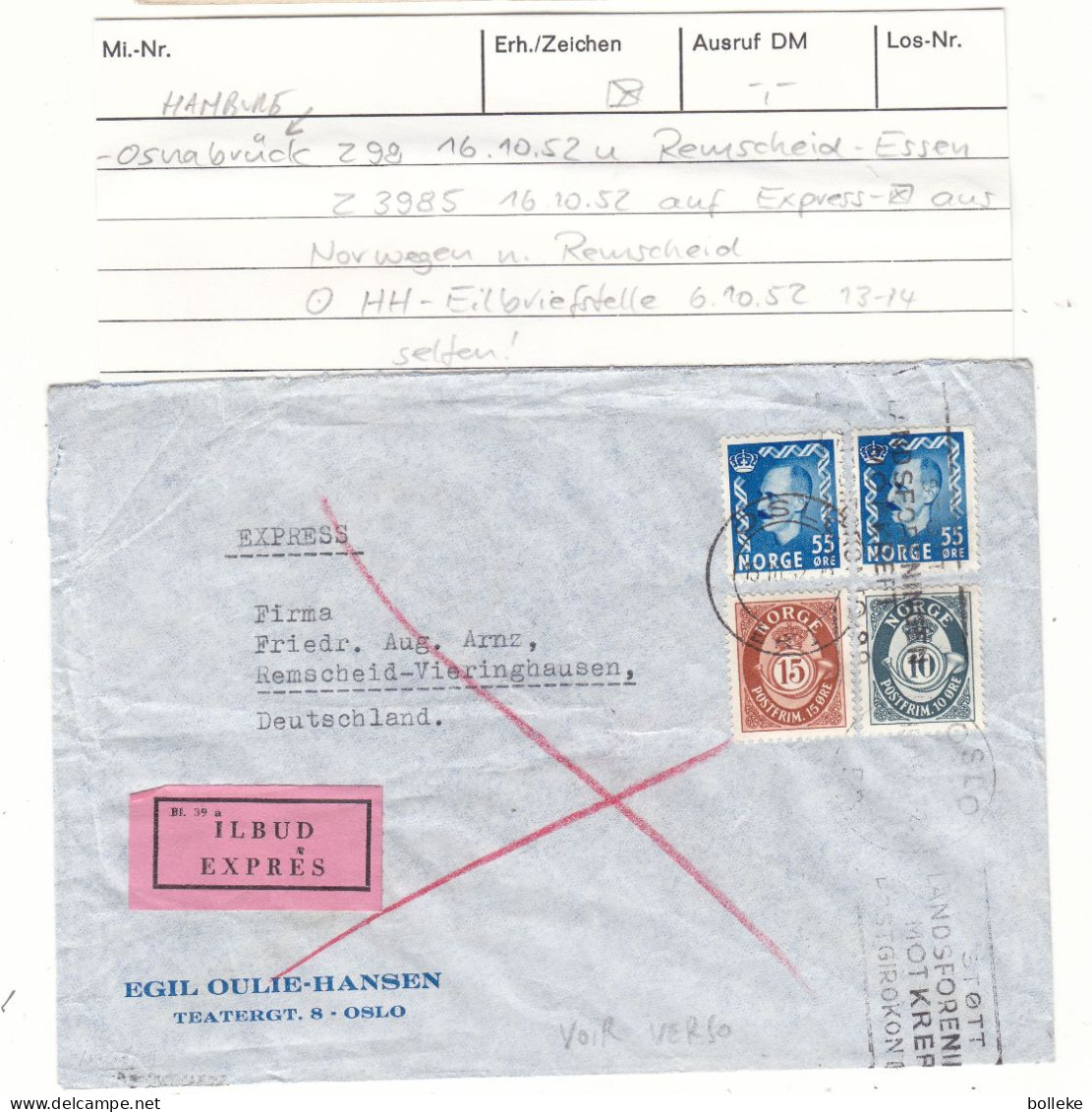 Norvège - Lettre Exprès De 1952 - Oblit Oslo - Exp Vers Remscheid - Cachet Train Hamburg Osnabrück + Remscheid Essen - Lettres & Documents