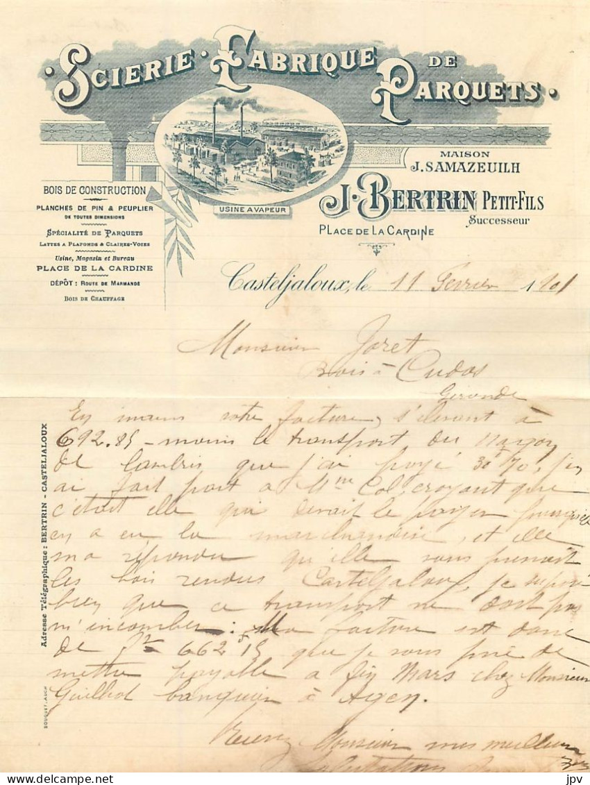FACTURE : CASTELJALOUX . J. BERTRIN PETIT FILS . SCIERIE FABRIQUE DE PARQUETS. 1891. - Sonstige & Ohne Zuordnung