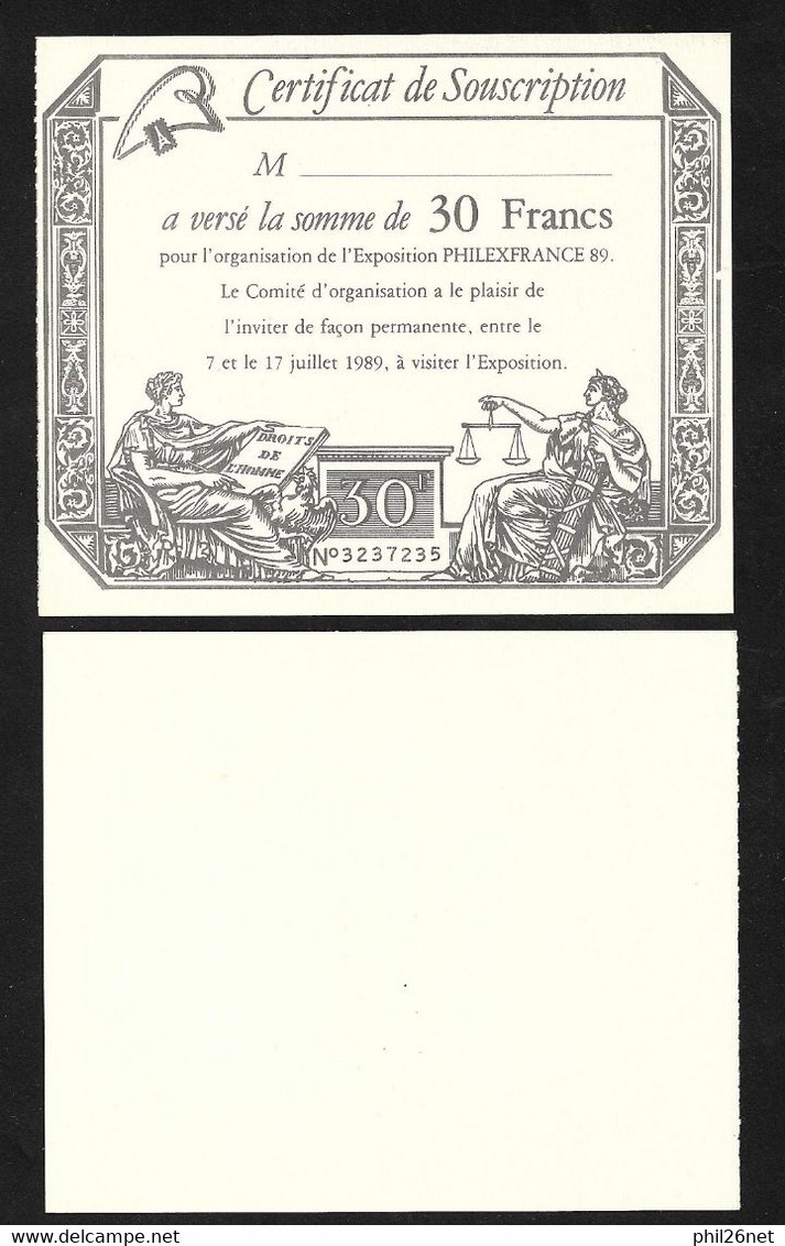 France  CERTIFICAT DE SOUSCRIPTION Pour L'Organisation PHILEXFRANCE 1989  Numéroté  TB - Foglietti Commemorativi