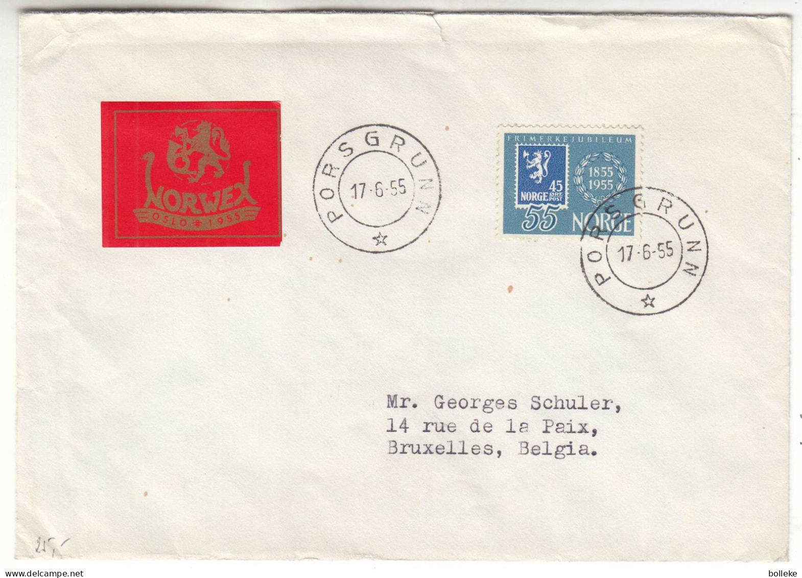 Norvège - Lettre De 1955 - Oblit Porsgrunn - Timbres Sur Timbres - Vignette Expo Norwex - Valeur 5 € En .....2005 - - Covers & Documents