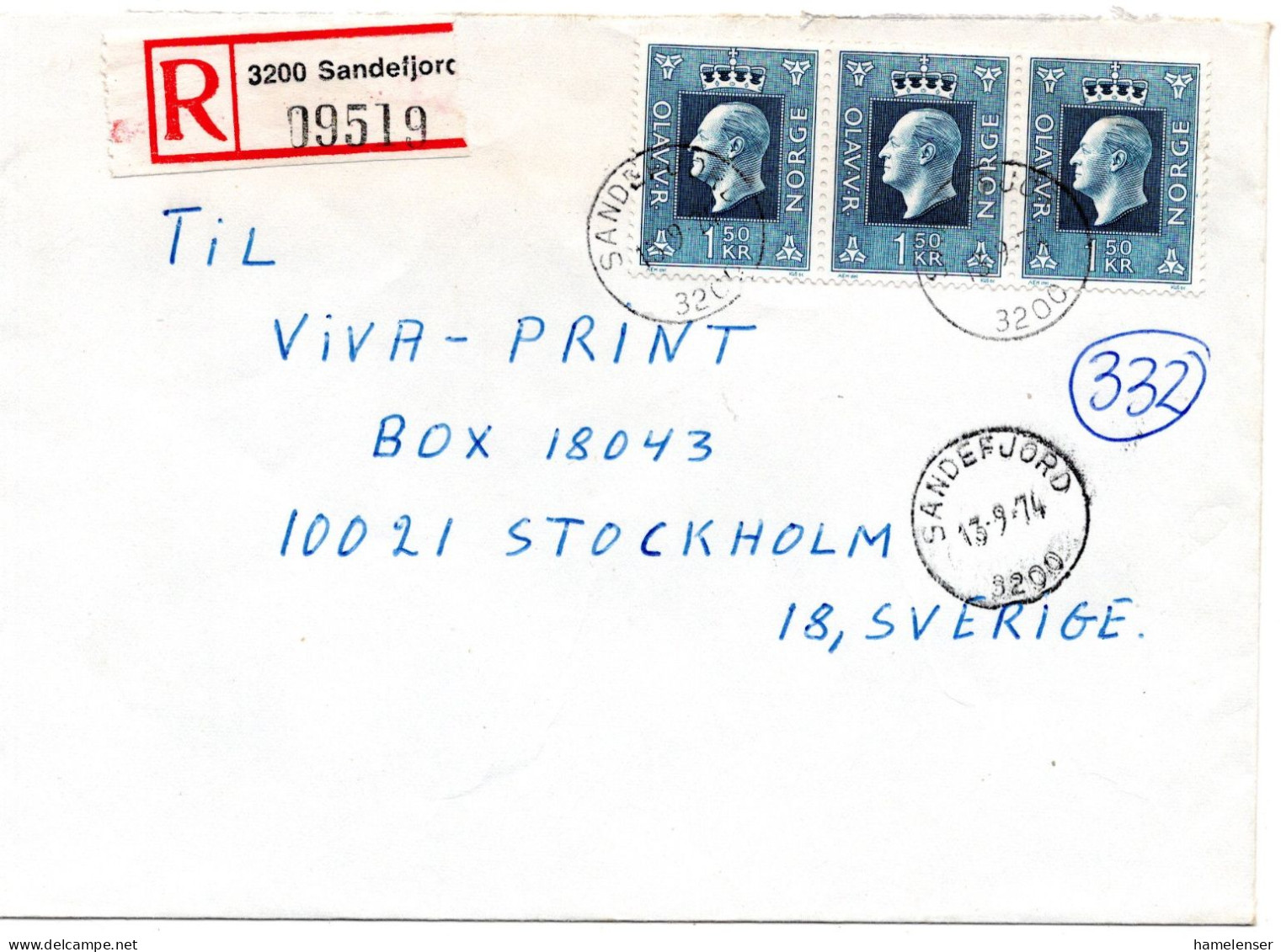 76554 - Norwegen - 1974 - 3@1,50Kr Olaf A R-Bf SANDEFJORD -> Schweden - Storia Postale