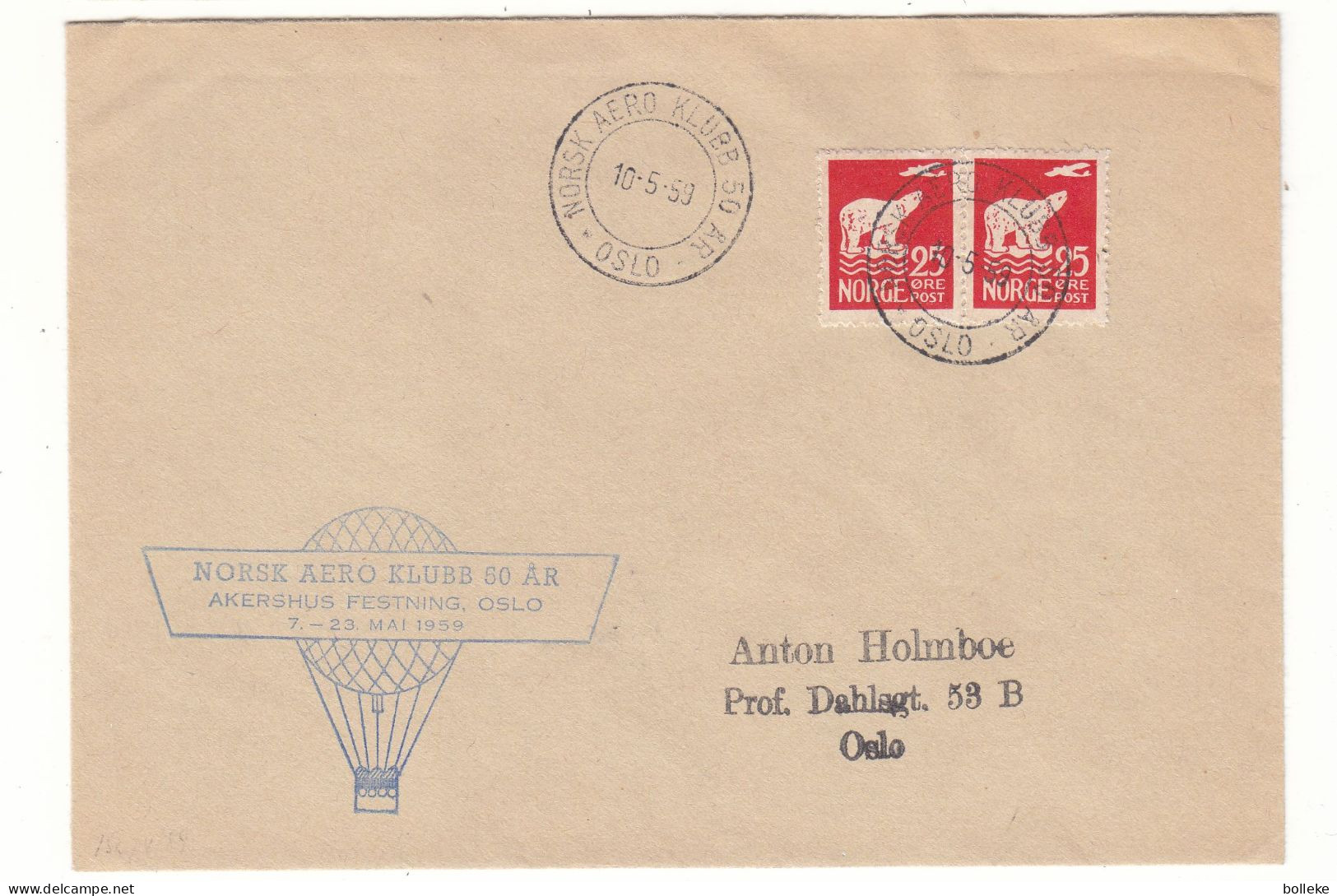 Norvège - Lettre De 1959 - Oblit Norsk Aero Klubb 50 Är - Valeur 26,50 € ( 20 + 6,50 ) - Ours - - Briefe U. Dokumente