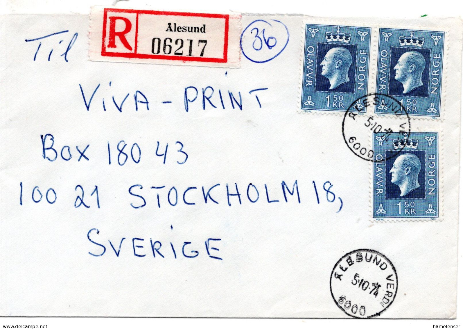 76555 - Norwegen - 1974 - 3@1,50Kr Olaf A R-Bf ALESUND -> Schweden - Covers & Documents