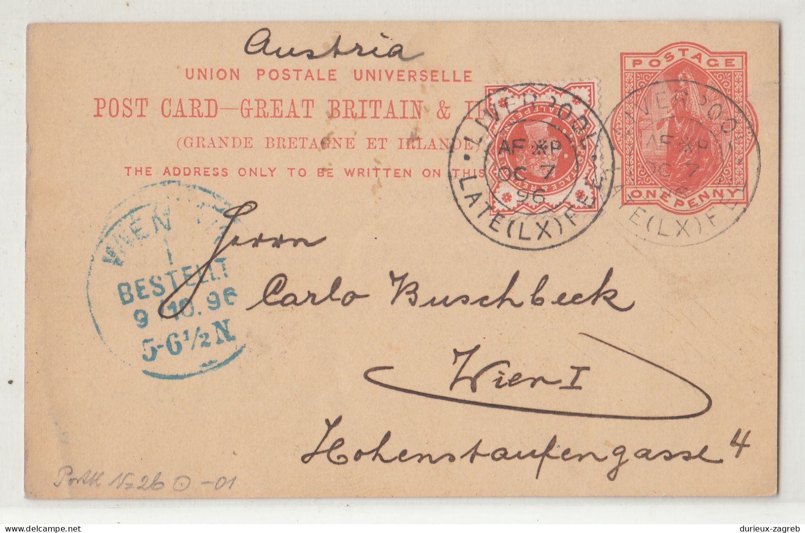 Gruning & Co., Liverpool Company Preprinted Postal Stationery Postcard Posted 1896 To Wien - Uprated B240401 - Luftpost & Aerogramme