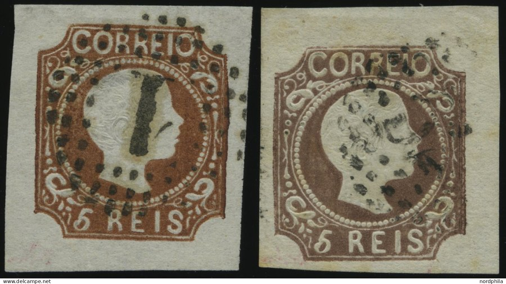 PORTUGAL 9b,c O, 1856, 5 R. Gelbbraun Und Schwarzbraun, 2 Breitrandige Prachtwerte, Gepr. Drahn, Mi. 320.- - Usado
