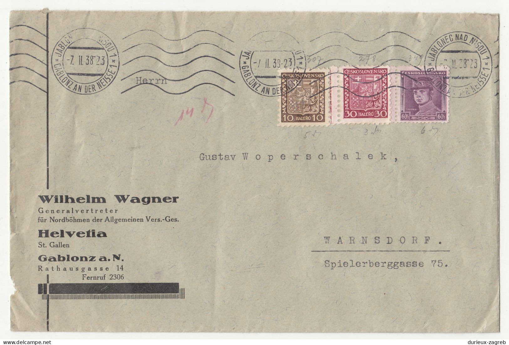 Wilhelm Wagner, Helvetia, Gablonz A.N. Company Letter Cover Posted 1938 To Warnsdorf B240401 - Lettres & Documents