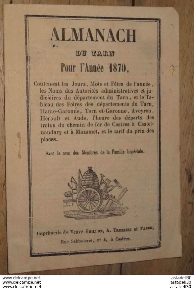 Almanach Du Tarn Pour L'année 1870 ............. PHI..... E2-3 - Klein Formaat: ...-1900