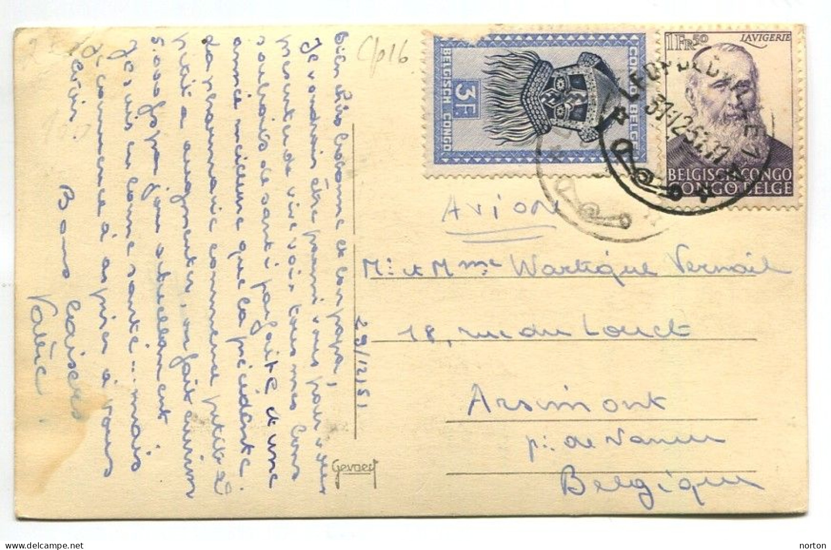 Congo Léopoldville 1 Oblit. Keach 10(.A.) Sur C.O.B. 288A + 300 Sur Carte Postale Vers Arsimont Le 31/12/1951 - Brieven En Documenten