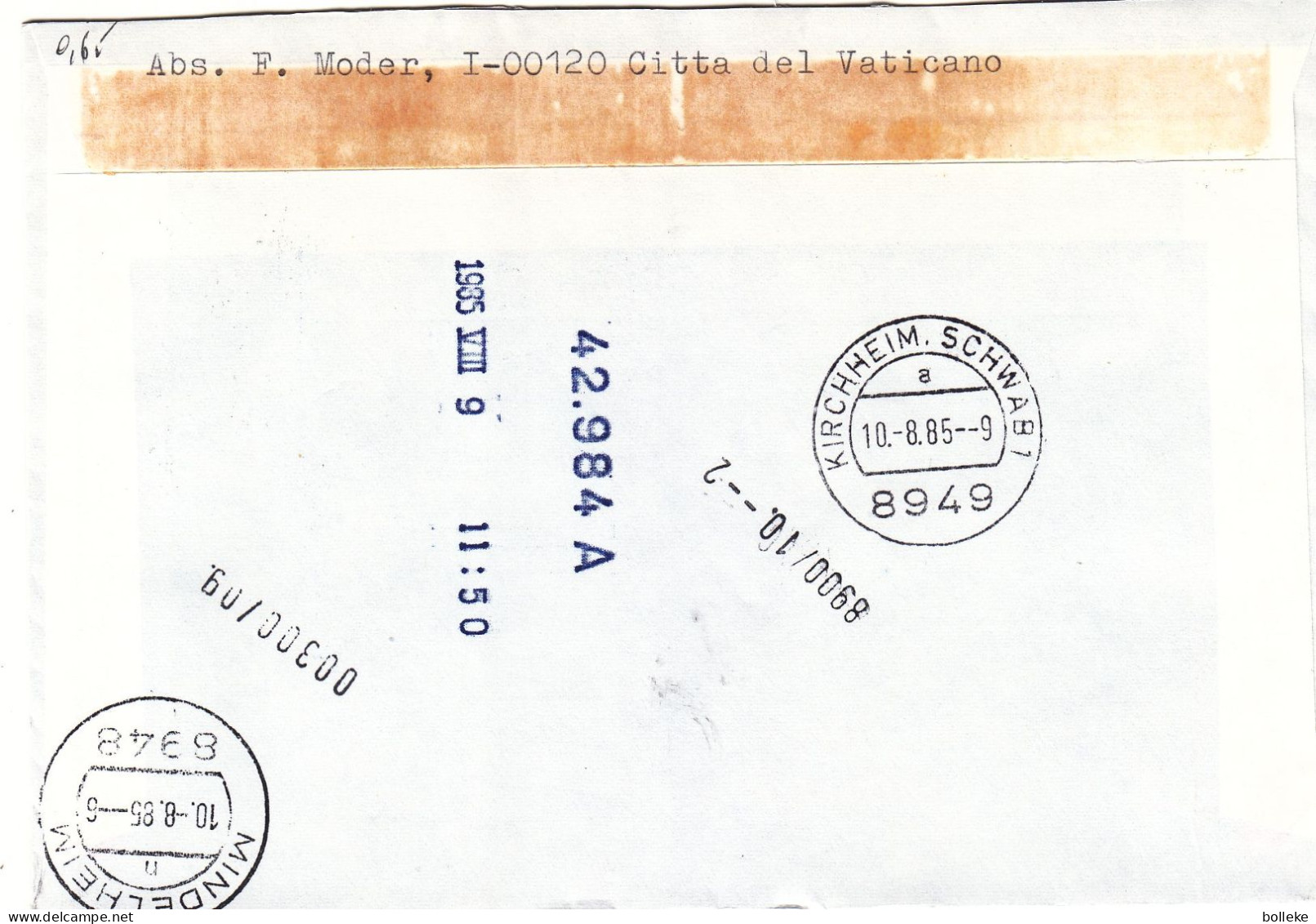 Vatican - Lettre Exprès De 1984 - Oblit Poste Vaticane - Exp Vers Kirchheim - Cachet De Remscheid Schwab Et Mindelheim - - Covers & Documents