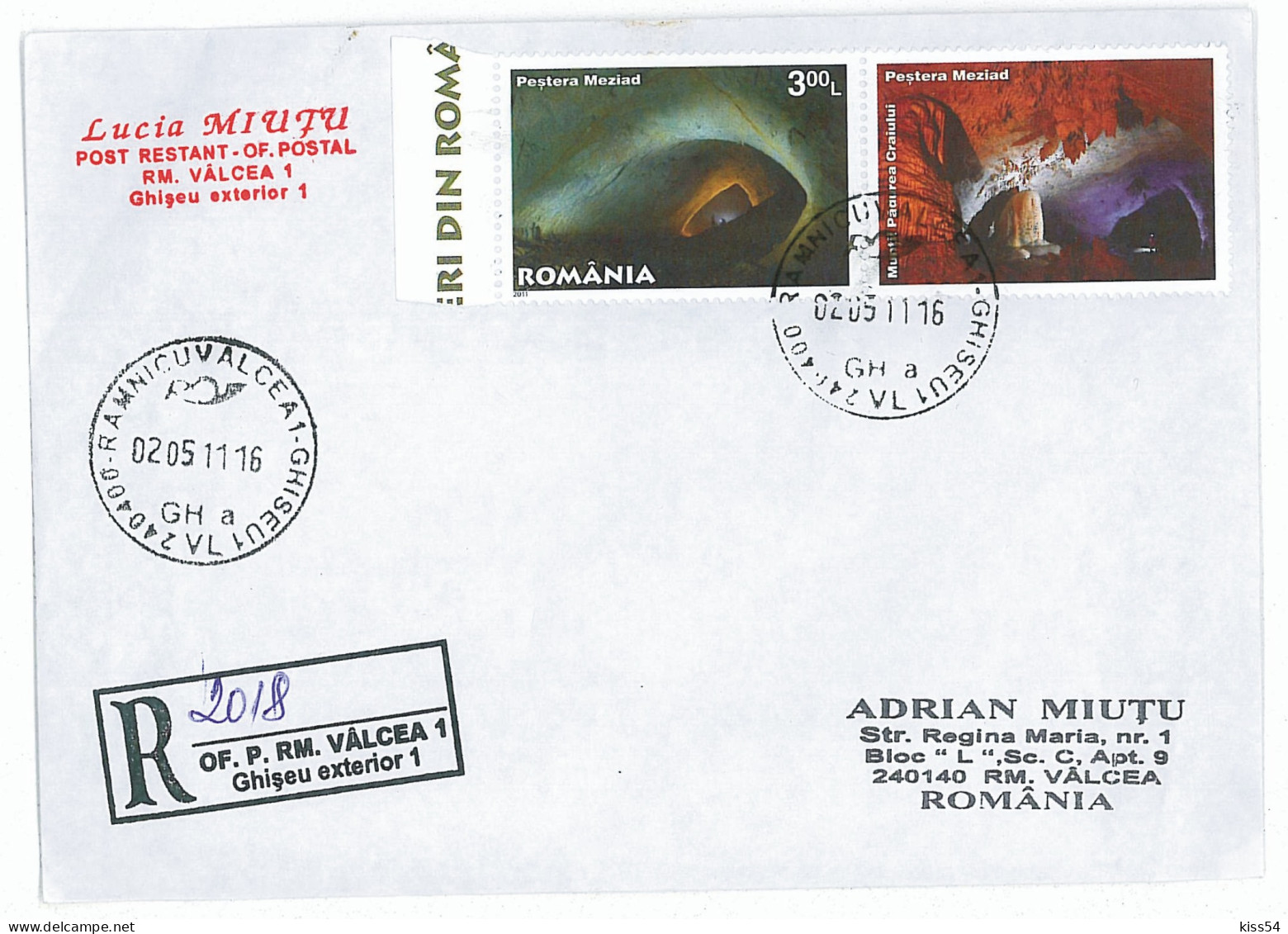 NCP 15 - 2018-a CAVE, Romania - Registered, Stamp With Vignette - 2011 - Brieven En Documenten