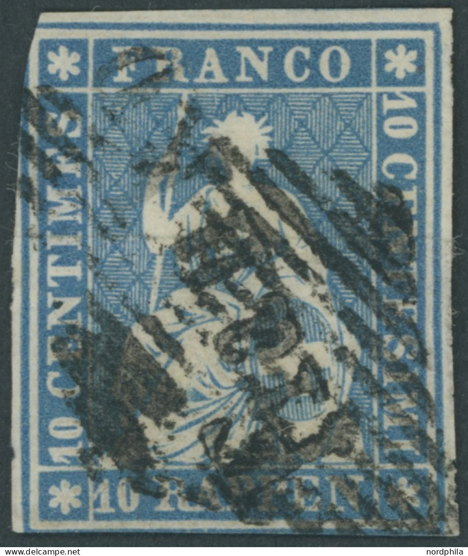 SCHWEIZ BUNDESPOST 14Ia O, 1854, Erstauflage: 10 Rp. Preußischblau, 1. Münchner Druck, (Zst. 23Aa), Mit Schwarzer Raute  - Gebruikt