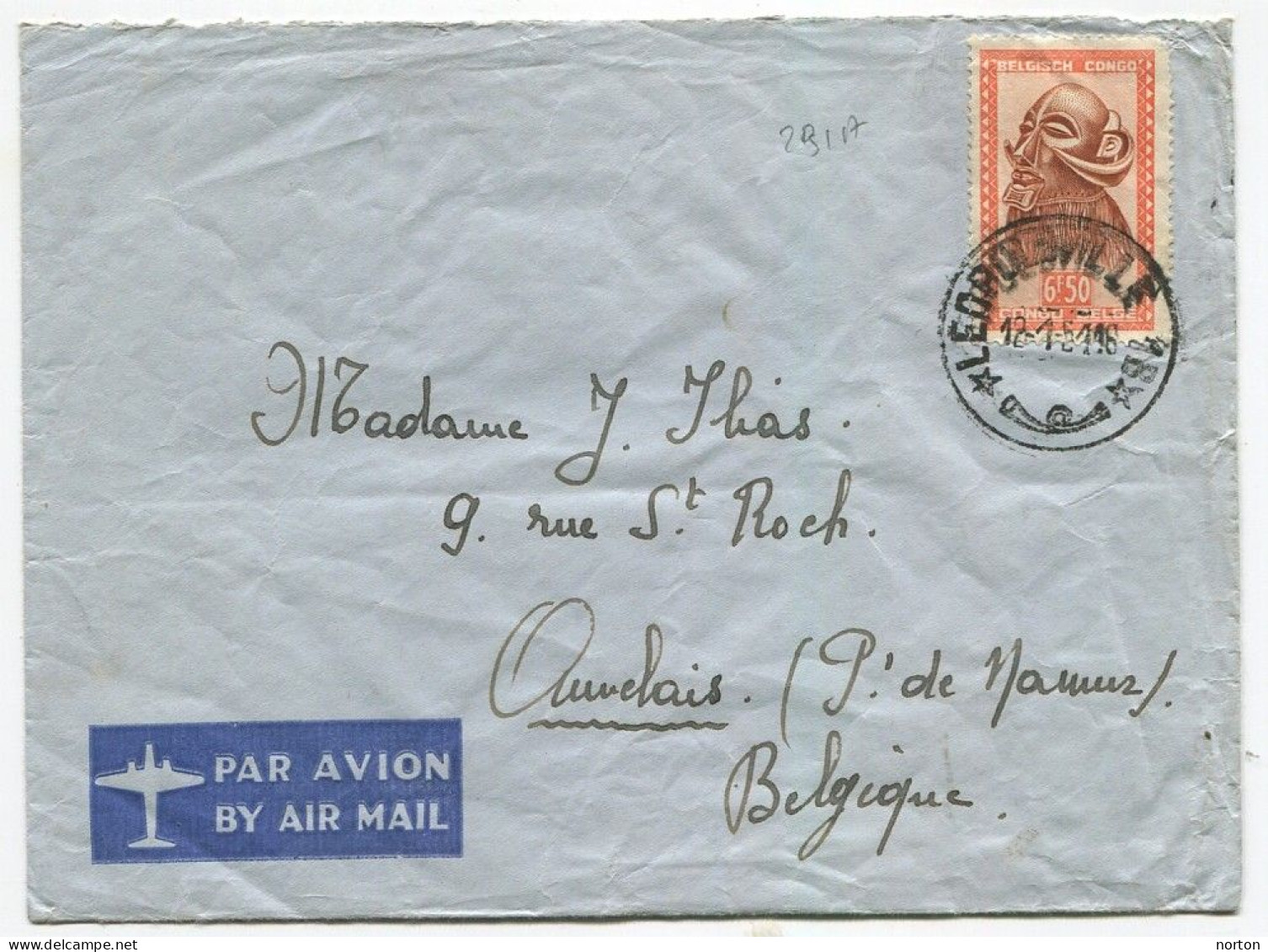 Congo Léopoldville 1 Oblit. Keach 10(B) Sur C.O.B. 299A Sur Lettre Vers Auvelais Le 12/01/1951 - Storia Postale