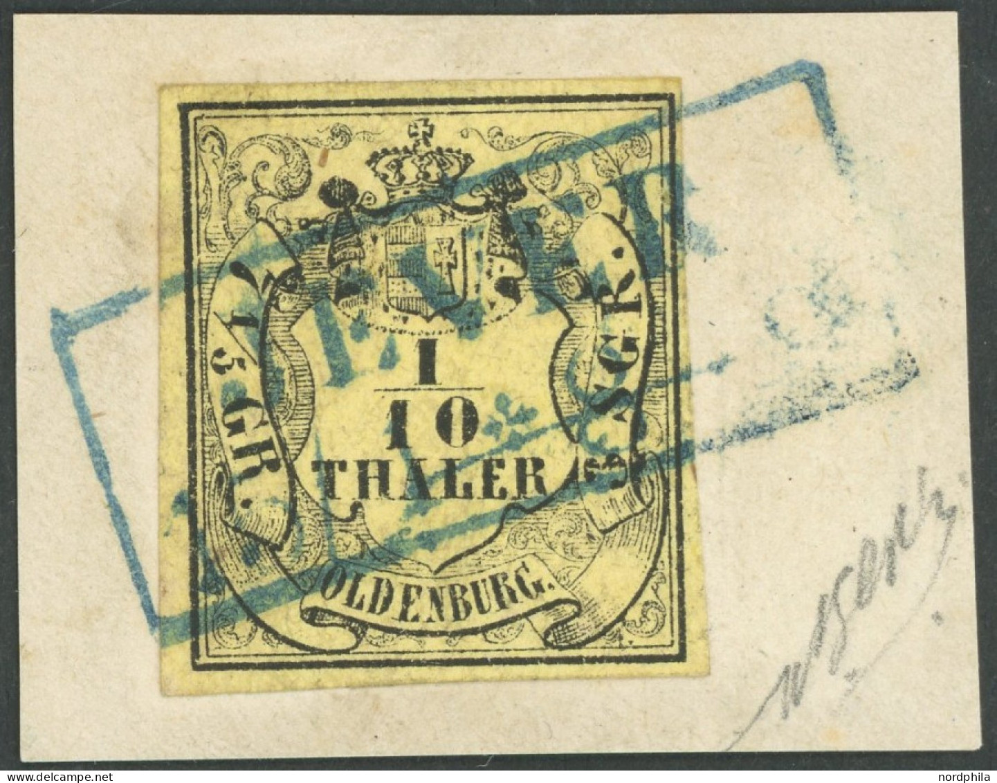 OLDENBURG 4a BrfStk, 1859, 1/10 Th. Schwarz Auf Hellgelb, Blauer R2 JEVER, Kabinettbriefstück, Gepr. Pfenninger - Oldenbourg