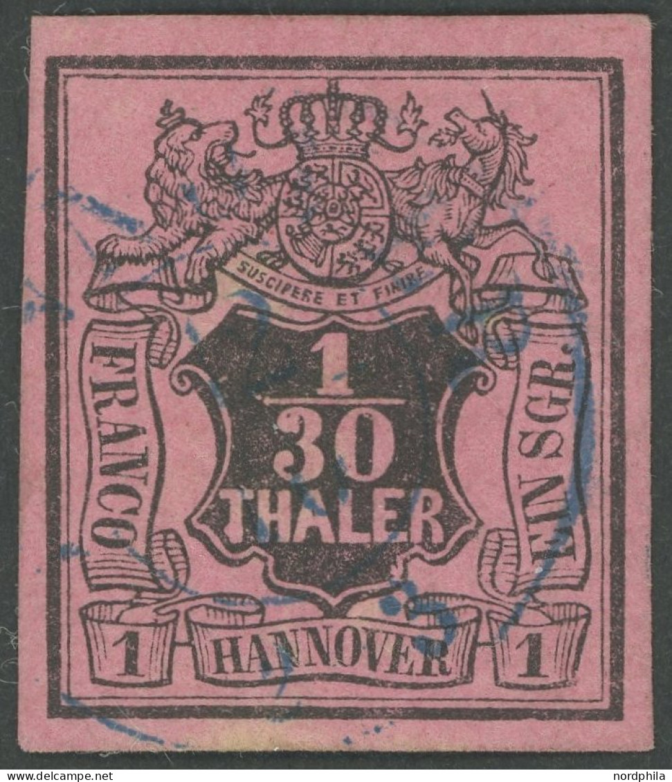 HANNOVER 3bW O, 1855, 1/30 Th. Schwarz Auf Himberrot, Kopfstehendes Wz., Kabinett, Kurzbefund Berger, Mi. 300.- - Hanovre