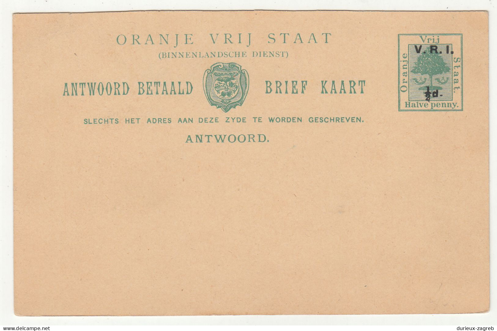 Oranje Vrij Staat ONLY REPLY PART Of VRI Overprinted Postal Stationery Postcard  B240401 - Oranje-Freistaat (1868-1909)