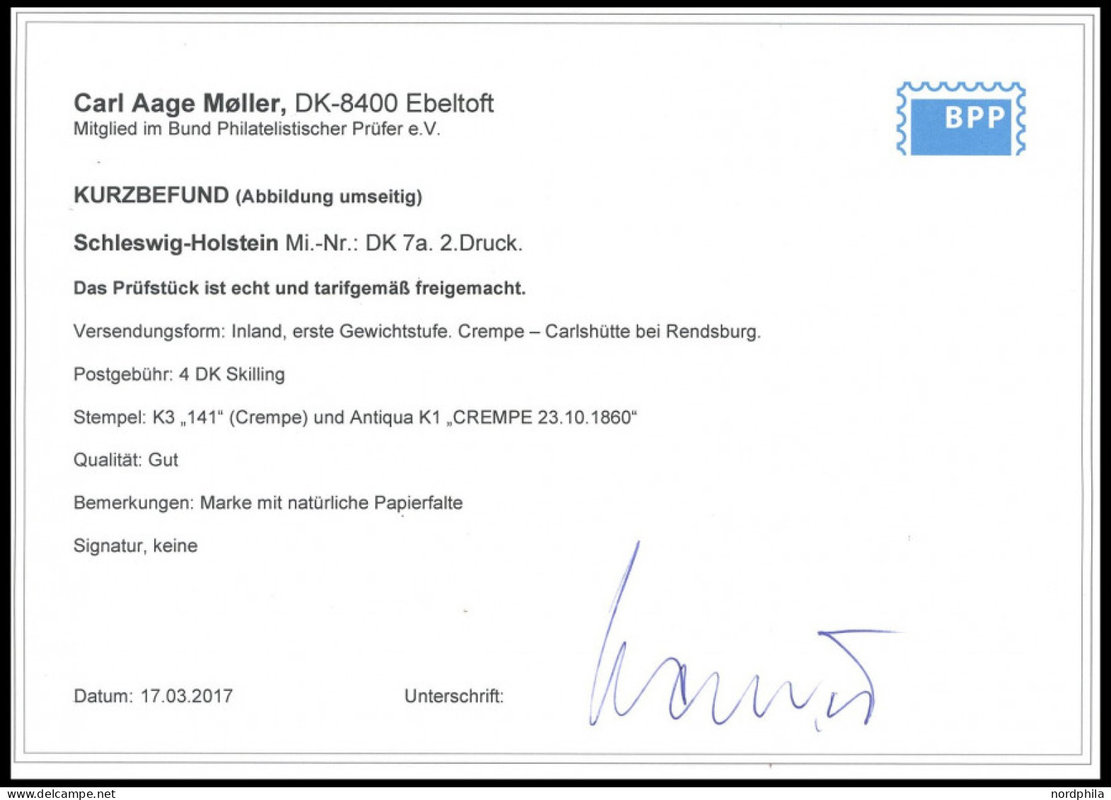 SCHLESWIG-HOLSTEIN DK 7a BRIEF, 141 (CREMPE) Auf Brief Nach Rendsburg Mit 4 S. Orangebraun Liniert, Marke Natürliche Pap - Schleswig-Holstein