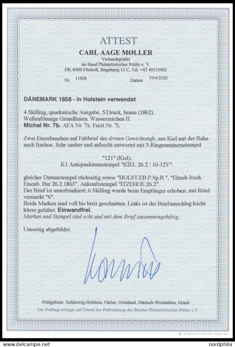 SCHLESWIG-HOLSTEIN DK 7b BRIEF, 121 (KIEL) Auf 2x 4 S. Braun Liniert Auf Unterfrankiertem Brief Nach Itzehoe, Pracht, Au - Schleswig-Holstein