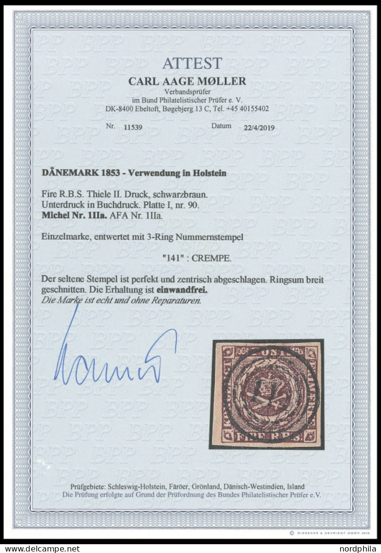 SCHLESWIG-HOLSTEIN DK 1IIa O, 141 (CREMPE) Ideal Auf 4RBS Schwarzbraun, Platte I Nr. 90, Kabinett, R!, Fotoattest C.A. M - Schleswig-Holstein